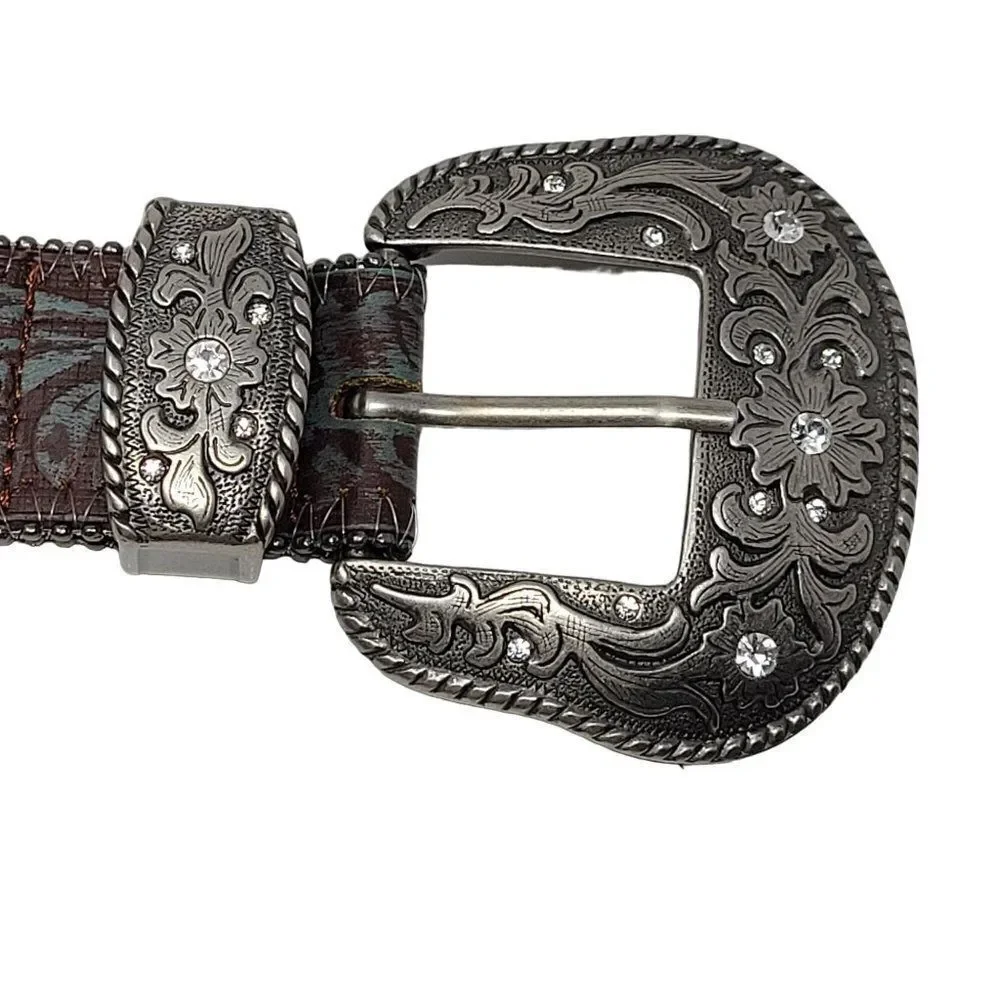1781 BC Leather Western Scroll Buckle Belt S Silver Rhinestone Brown‎ Turquoise